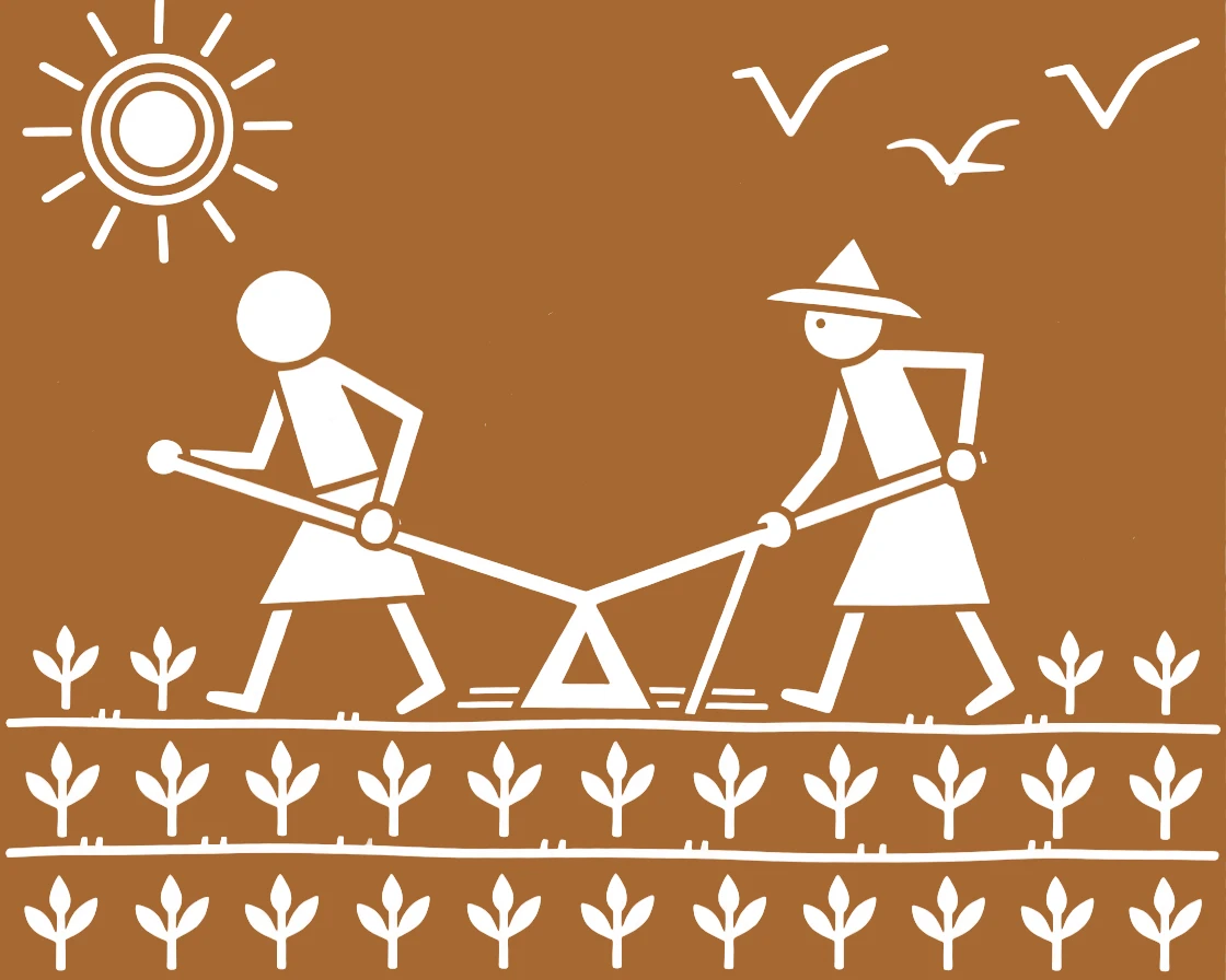 Two farmhands plowing a field at the start of the planting season.