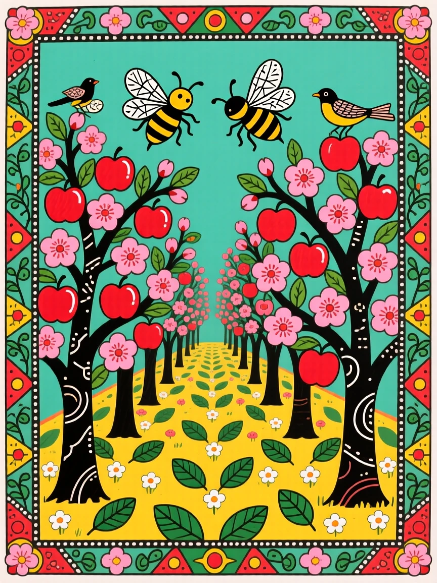 A quiet orchard where bees move steadily between rows of apple blossoms.