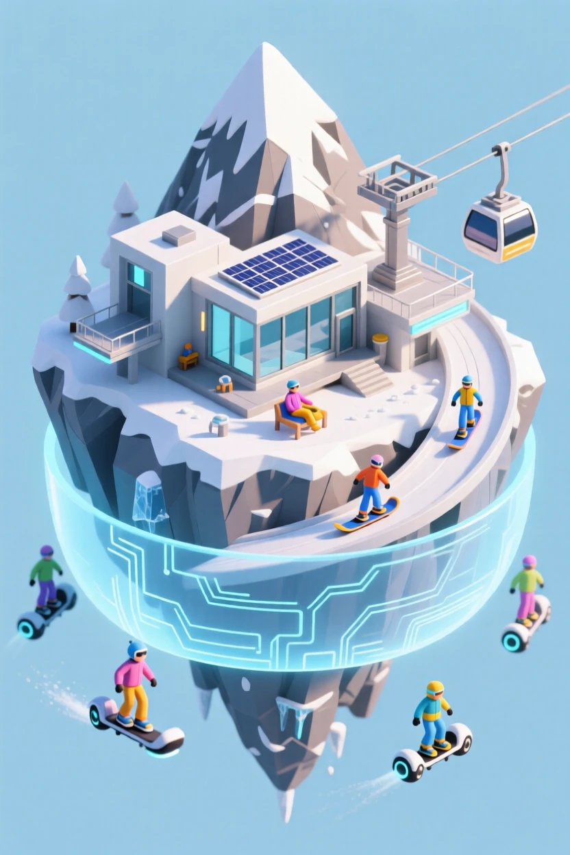 A futuristic ski resort on a floating mountain, hover boards gliding down slopes beneath a shimmering energy shield.