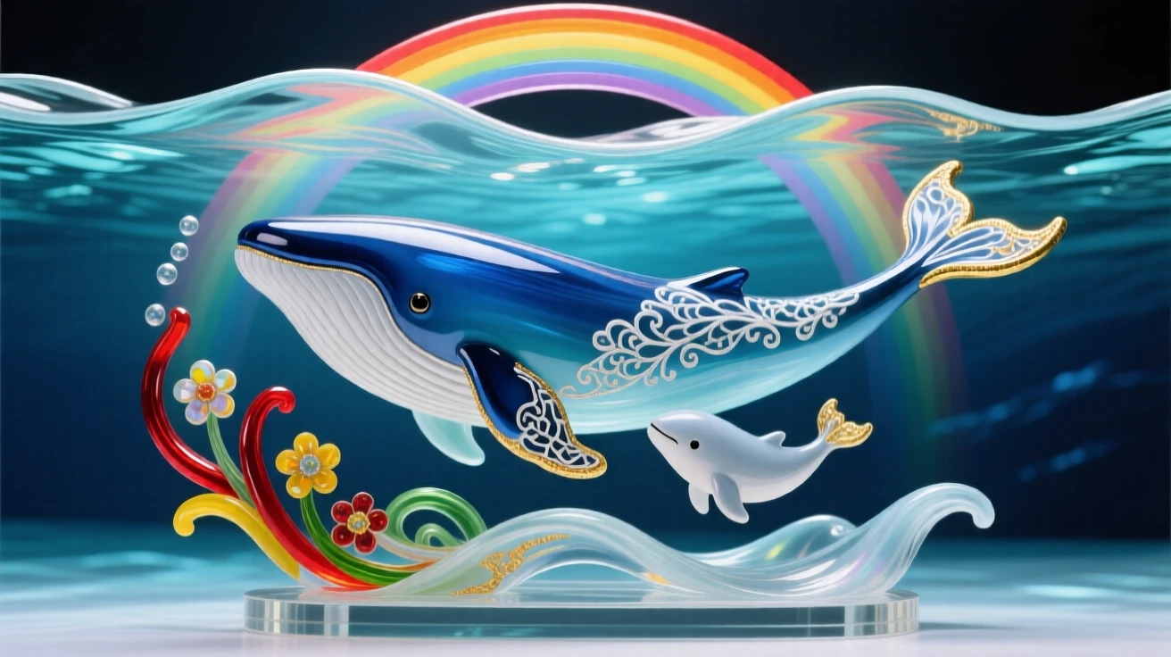 A mother whale and calf swimming together beneath a rainbow-lit ocean surface, tender and awe-inspiring.