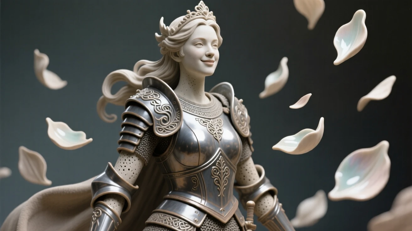 A warrior queen standing tall in ceremonial armor captured in a fleeting moment of pure emotion, surrounded by softly falling petals, filling the scene with joy and gentle wonder.