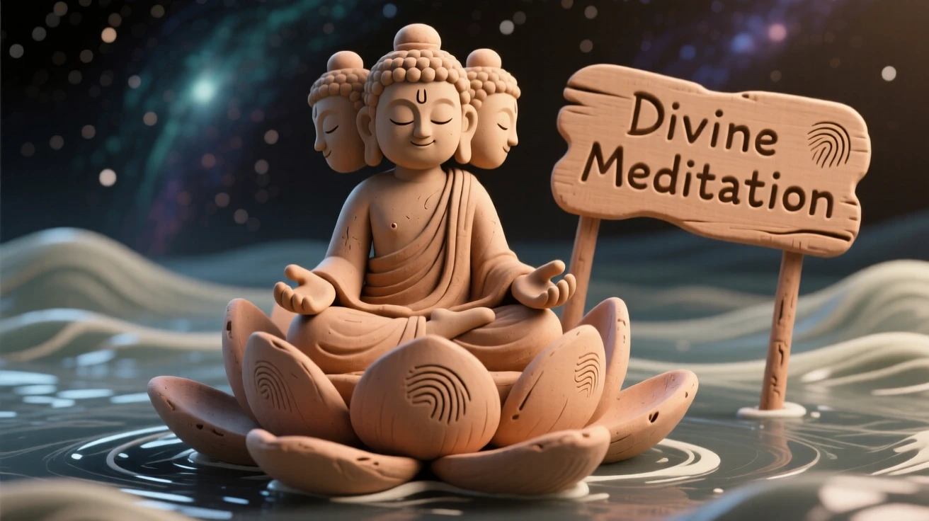 Brahma meditating atop a lotus blooming from cosmic waters