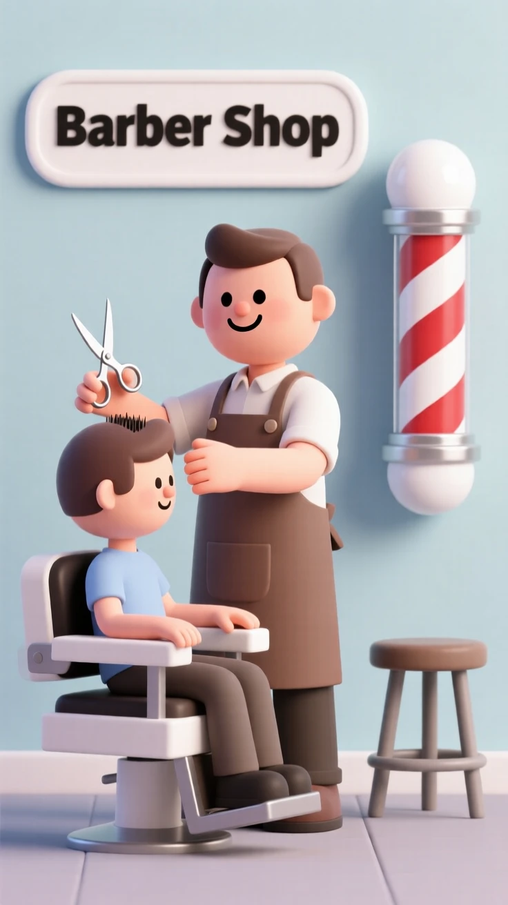 A cheerful barbershop owner trims a customer's hair while chatting beneath a spinning red and white pole.
