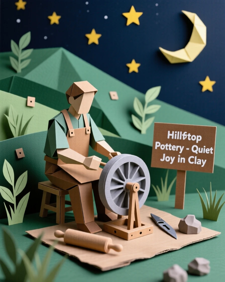 A skilled potter set up on a quiet hilltop at night, with tools and materials scattered nearby, conveying quiet joy in a beloved pursuit.