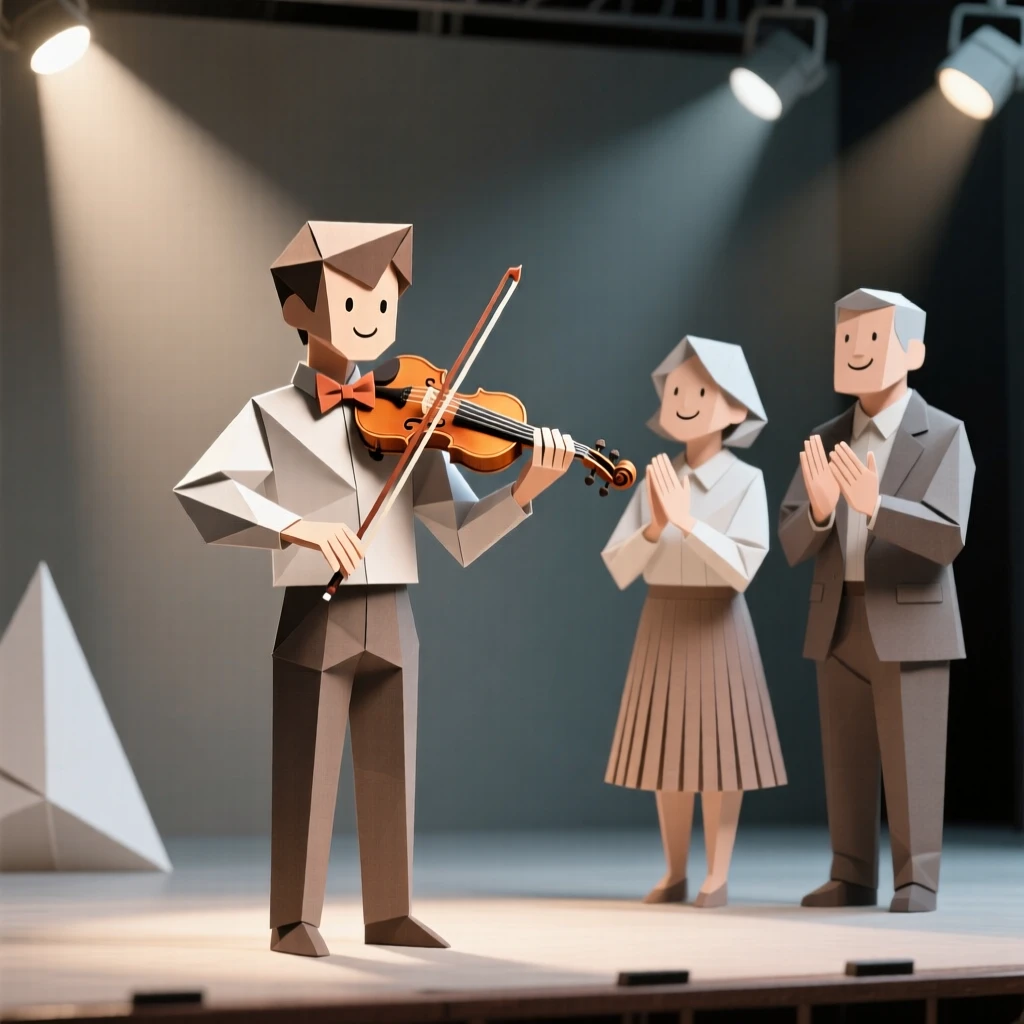 A young musician performing for the first time, parents beaming proudly from the front row.
