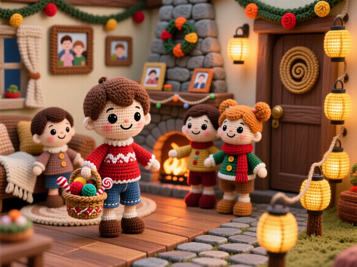 A festive cultural scene of a small boy carrying a small basket of festival sweets for a neighborhood gathering, sharing them with smiling friends within a cozy home decorated for a family tradition; a row of glowing lanterns lining the path nearby, full of bright, celebratory warmth.