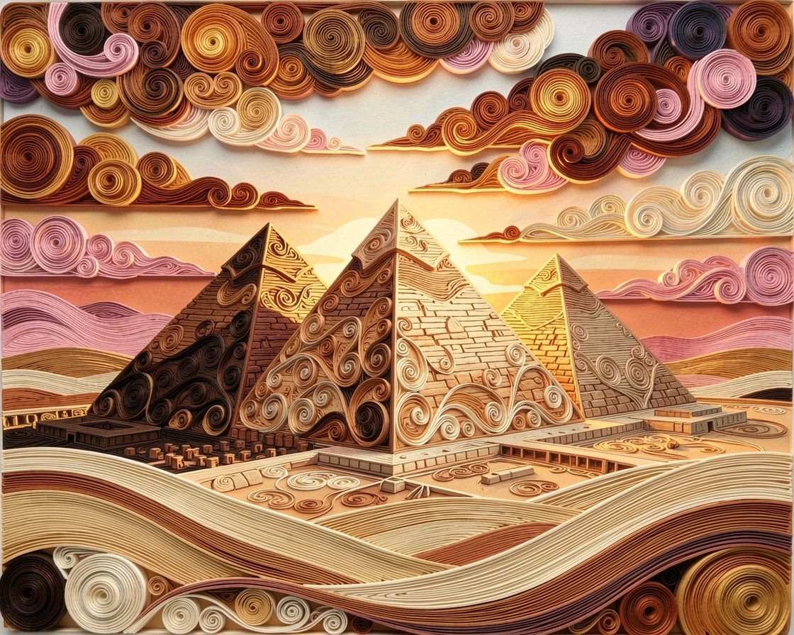 the pyramids of Giza glowing under a desert sunset, beneath dramatic clouds catching the last light of day, captured from a sweeping elevated viewpoint, in warm terracotta and cream architectural tones.