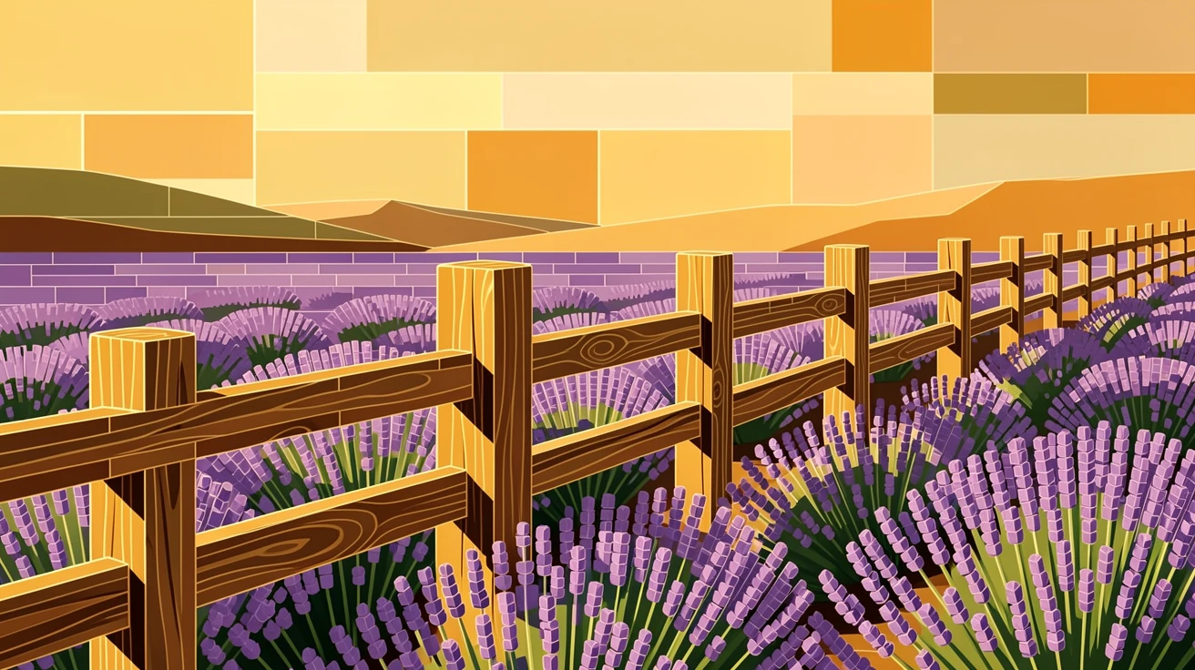 A rustic wooden fence lining a lavender field at golden hour.
