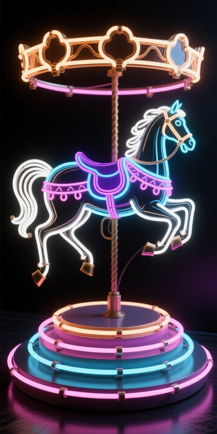 A restored antique carousel horse mounted on a rotating platform.