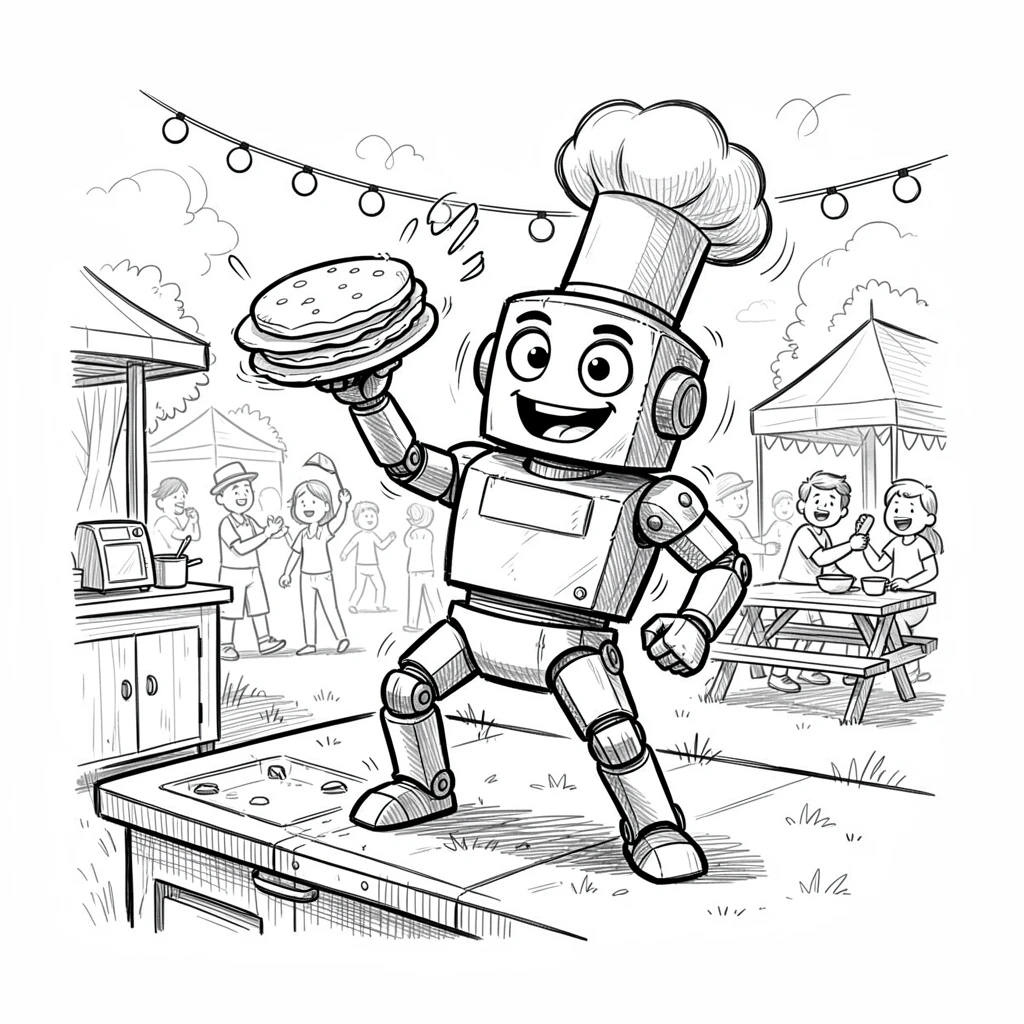 A robot chef flipping pancakes in a kitchen in a park during a community festival.