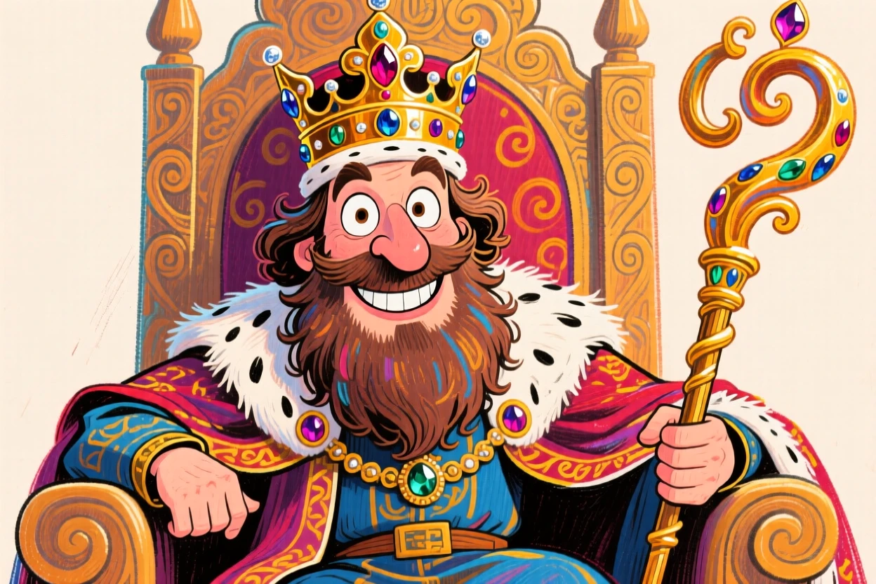 A medieval king seated on an ornate throne, crown gleaming, scepter in hand.