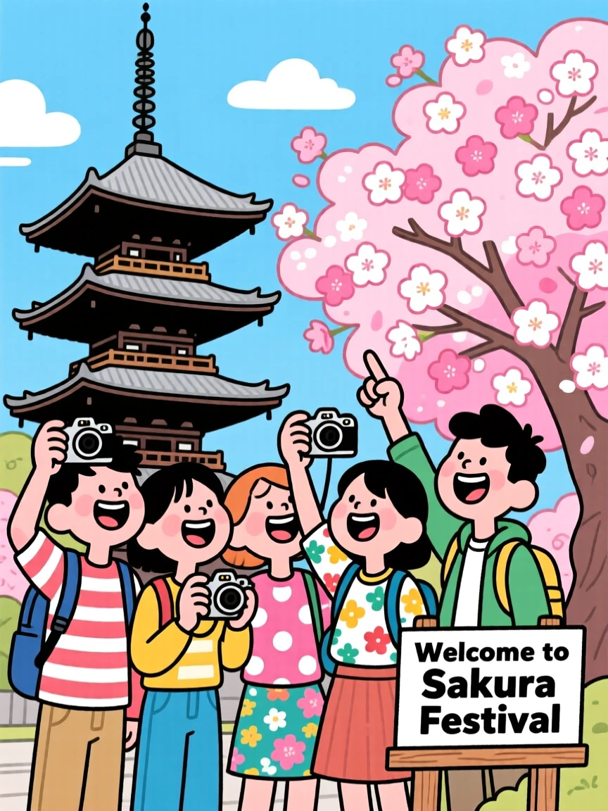 An iconic travel scene featuring a group of friends admiring cherry blossoms near a Japanese pagoda, with cameras raised and wide smiles.