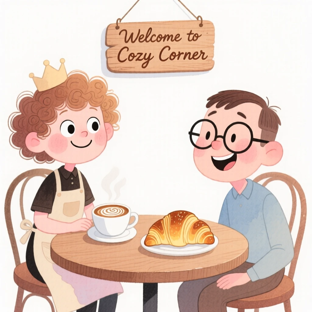 A cozy, appetizing, elegant and intimate scene of a cozy café corner with a latte and a croissant on a wooden table