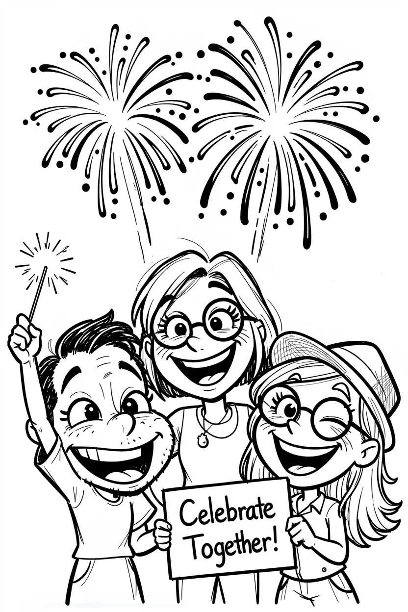 [Seasonal Holidays & Celebrations] Festive scene of a cheerful group of friends setting off a spectacular fireworks display, full of celebration and joy