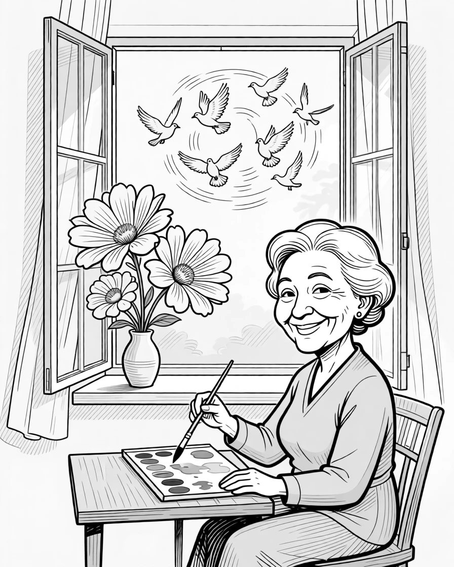 An elderly woman painting watercolors by a window, beaming proudly beside blooms twice the usual size, set by a window with soft afternoon light. Pigeons flutter in a happy, chaotic circle. It feels like a living memory, cherished and ongoing.
