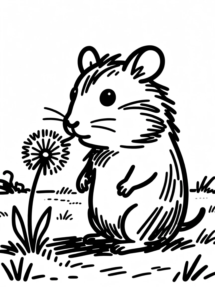 A hamster curiously sniffing a single dandelion in a sunny backyard.