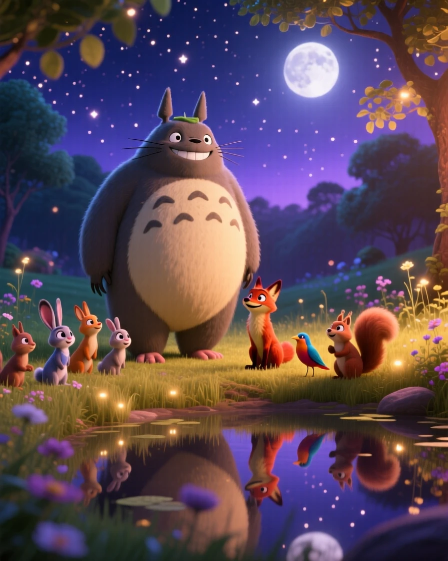 A friendly giant stands in a meadow where the grass glows softly at night, whispering to woodland creatures gathered nearby. The mood is enchanting, hopeful, and dreamlike, with stars reflected in a nearby pool of water.