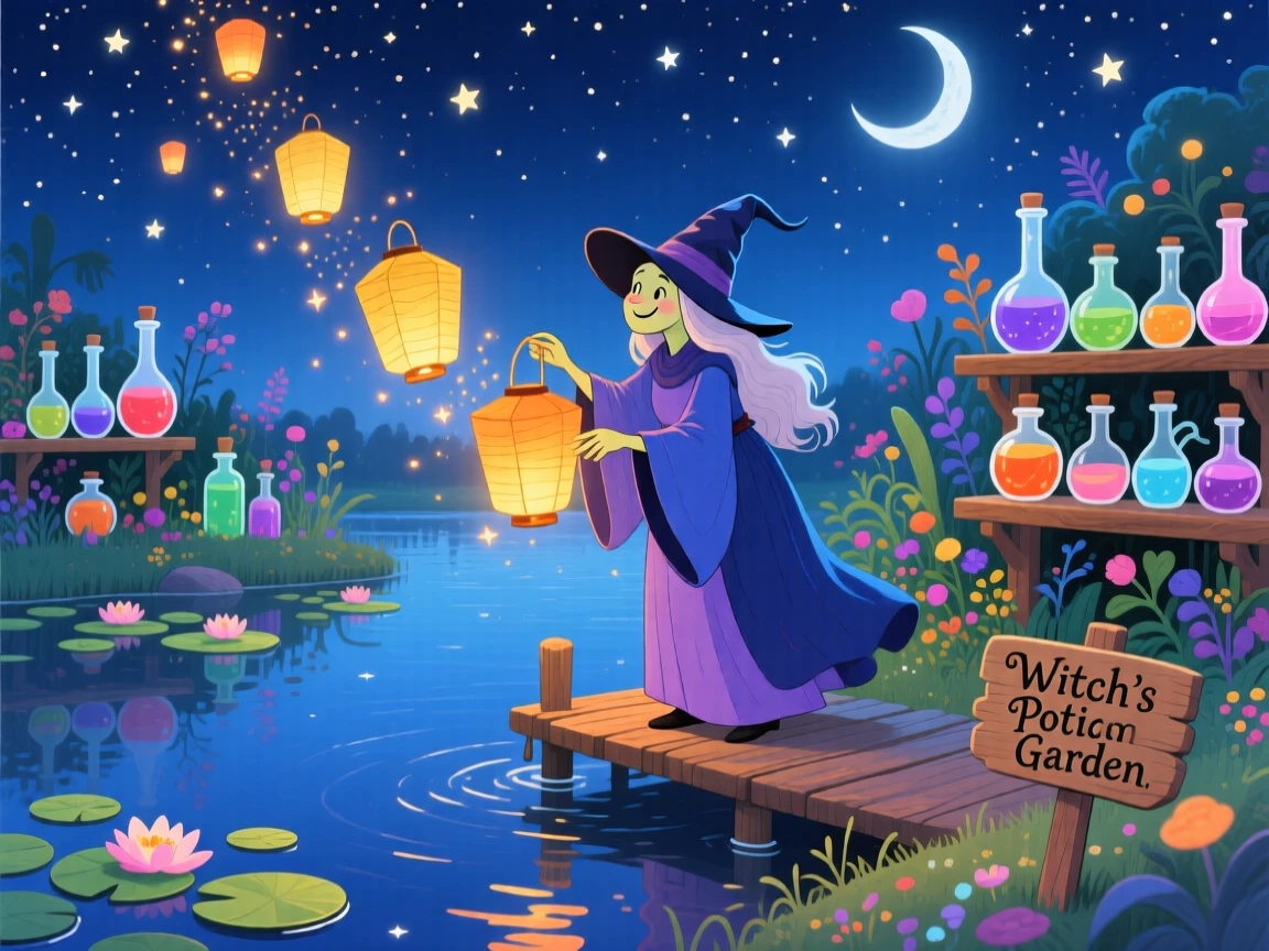 Deep within a starlit lake, a kind witch with a garden of potions spends the evening lighting lanterns that float into the night sky, as sparkling magic dust drifts through the air.