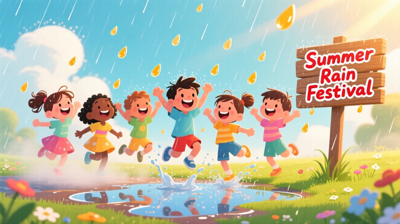 Children dancing joyfully in a warm summer rain shower.