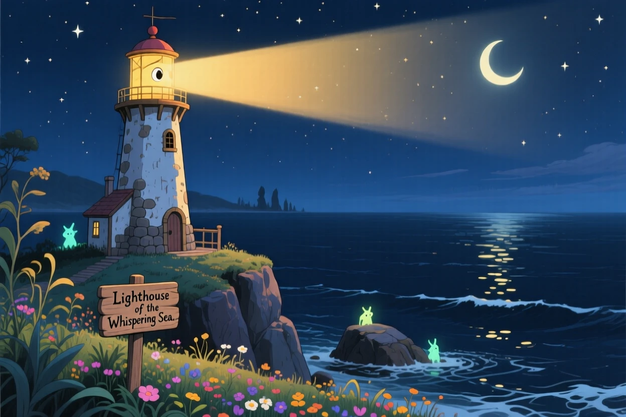 A nighttime scene of a lighthouse beam sweeping across a dark, calm sea, hushed and magical.