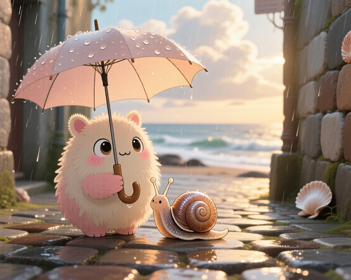 A small fuzzy monster sharing its umbrella with a snail in a rainy cobblestone alley on a breezy coastal afternoon; soft golden-hour sunlight washes over the scene as shy bashfulness fills the moment. Waist-up portrait.