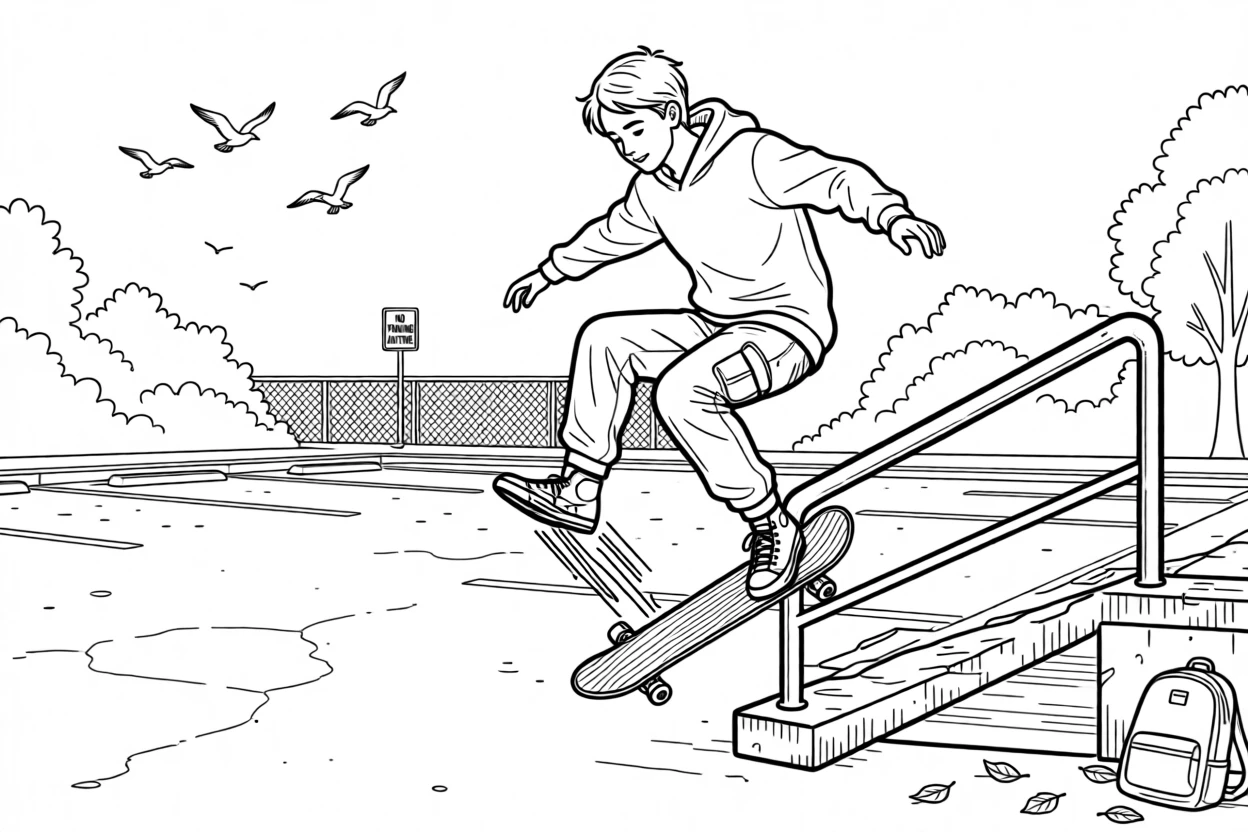 A skateboarder grinding down a handrail in an empty parking lot, with birds circling high above the treetops.