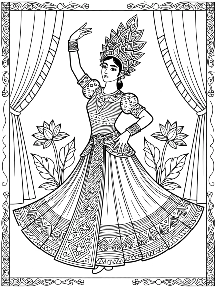 A classical dancer in a gilded headdress mid-performance.