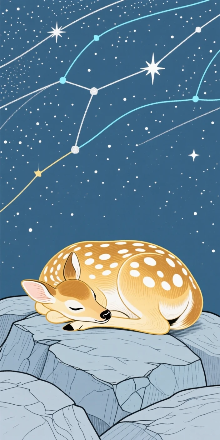 A spotted fawn curled up together on a rocky hillside under a clear starry sky.