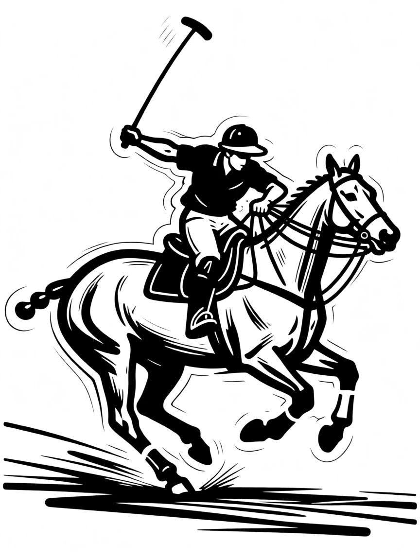 A polo player galloping across the field mid-swing.