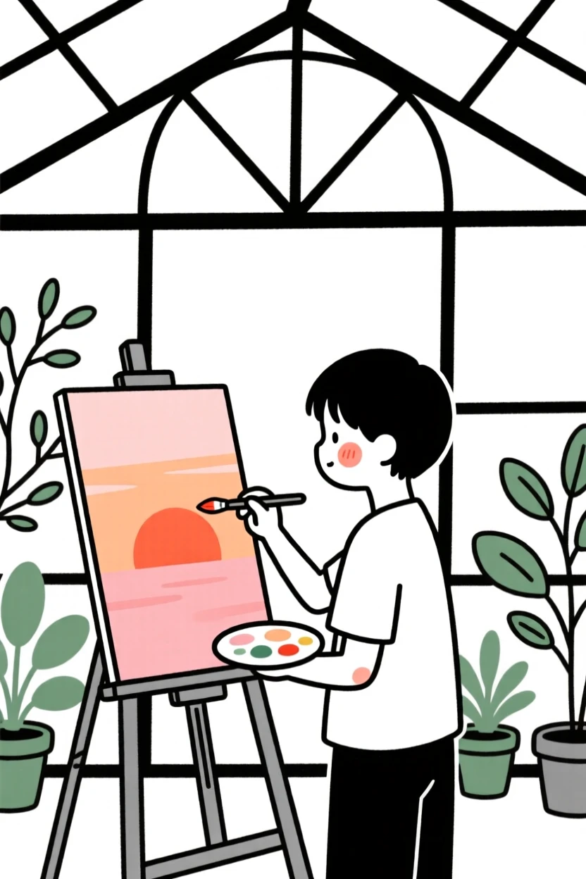 A teenager painting a sunset on canvas, in a botanical garden greenhouse.