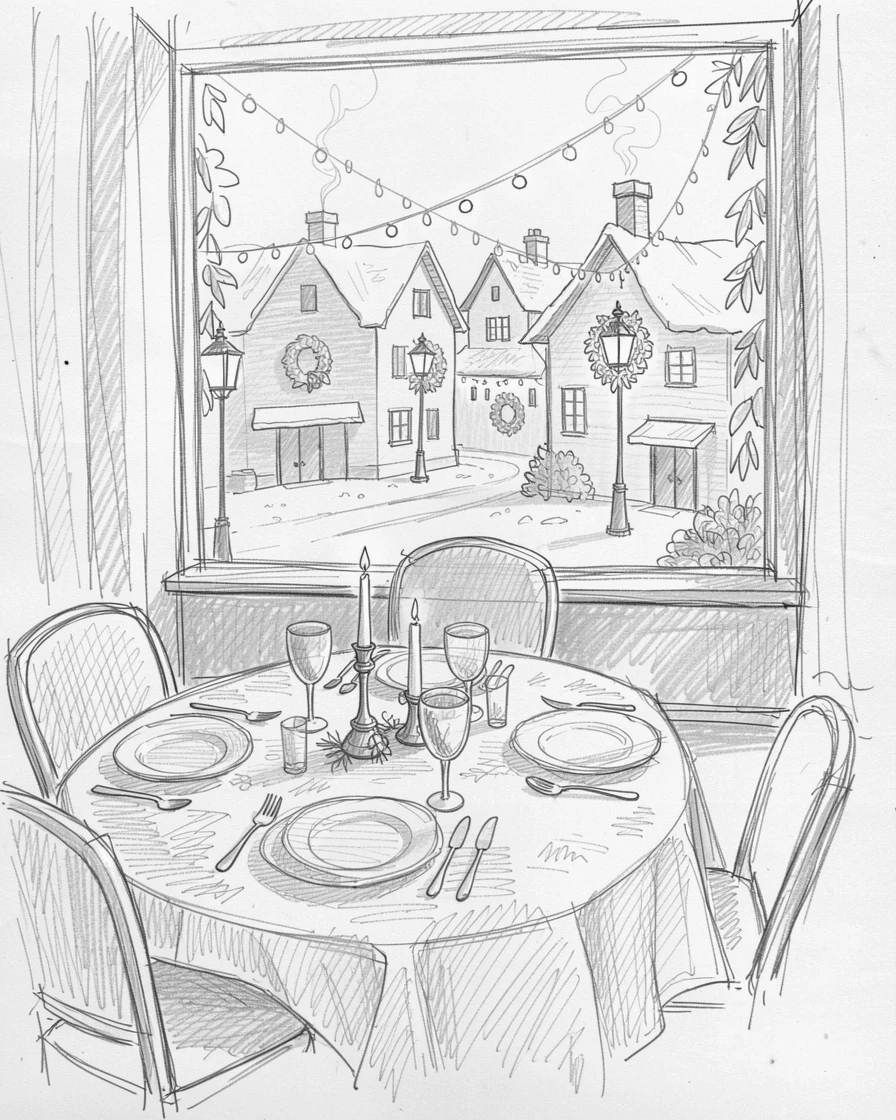 A festive scene of a snowy village square glowing with festive lights in a beautifully set dining room, with decorations catching the eye at every turn.