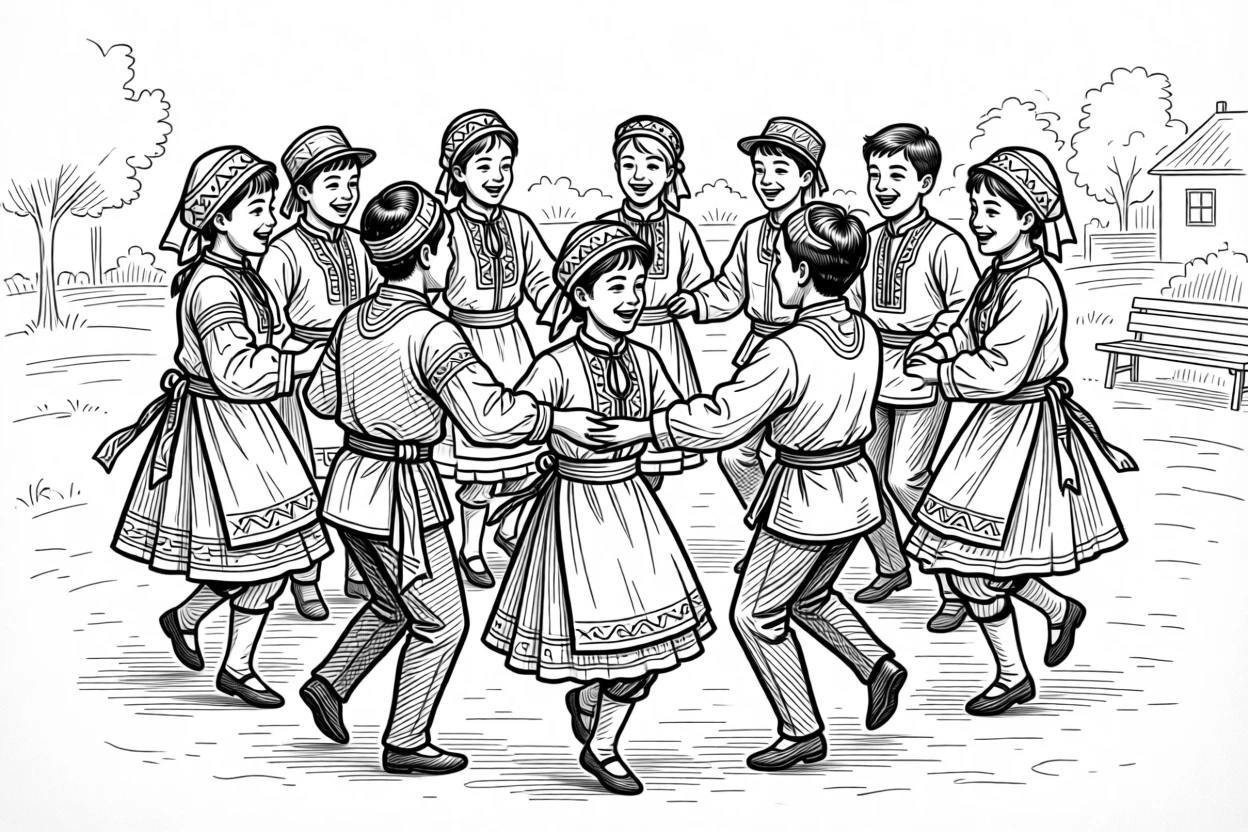 A group of children performing a traditional folk dance for their community.
