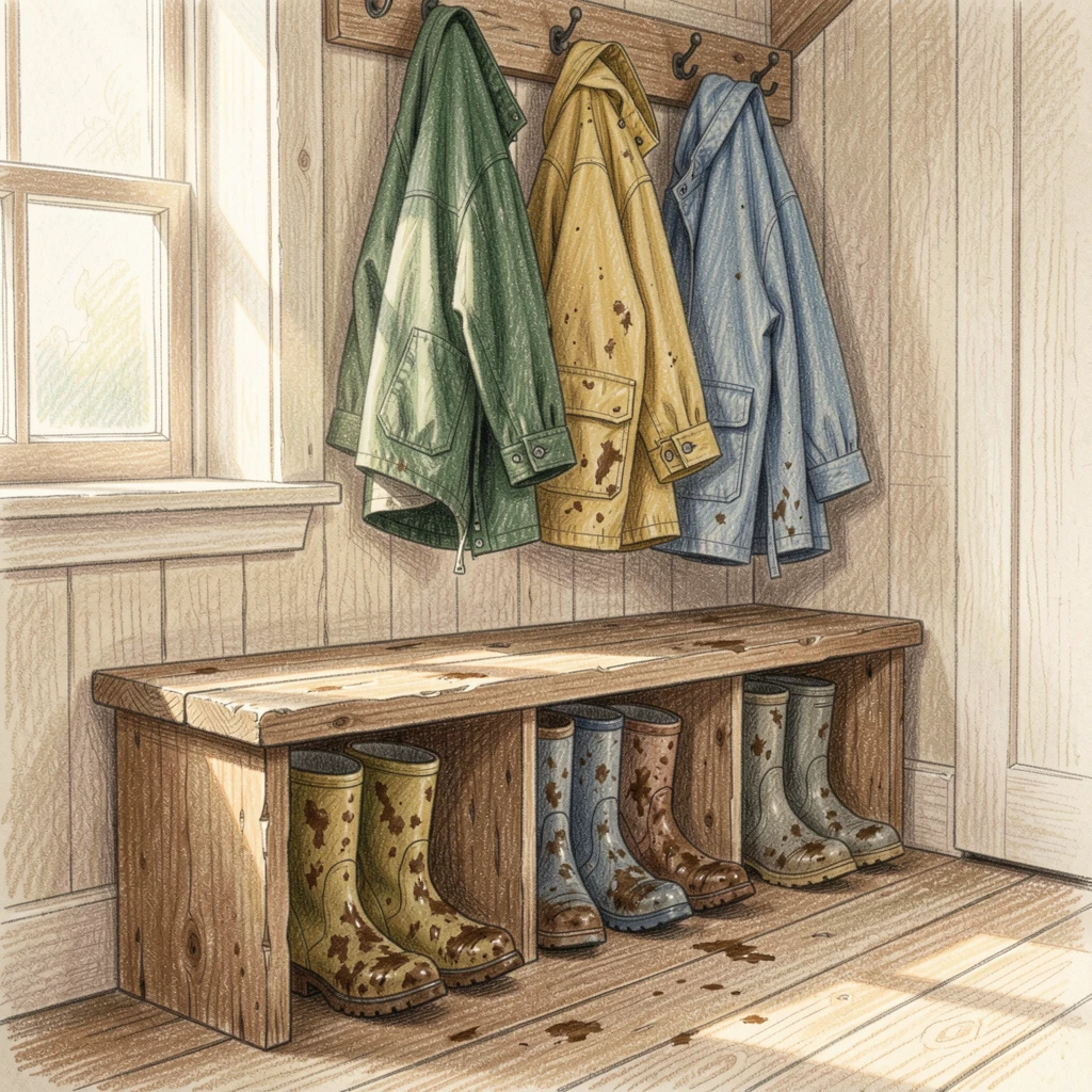 A farmhouse mudroom with muddy boots and hanging raincoats, with a gentle play of light and shadow across the composition, radiating comfort, joy, and quiet beauty.