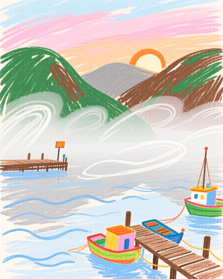 A view of a foggy harbor at dawn framed by distant rolling hills.
