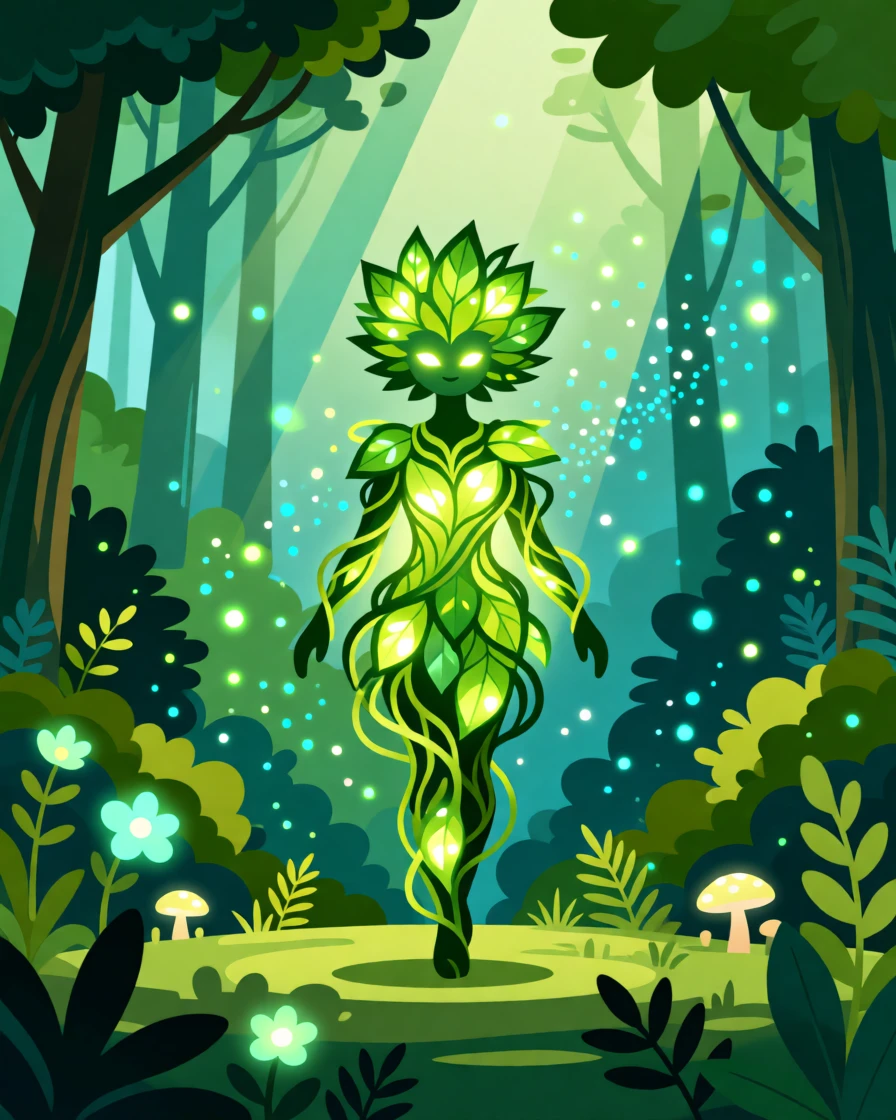 A friendly forest spirit made of glowing leaves and vines, surrounded by an enchanted forest alive with soft light, composed with layered depth creating a vast fantastical world, with subtle magical particles drifting through the air.