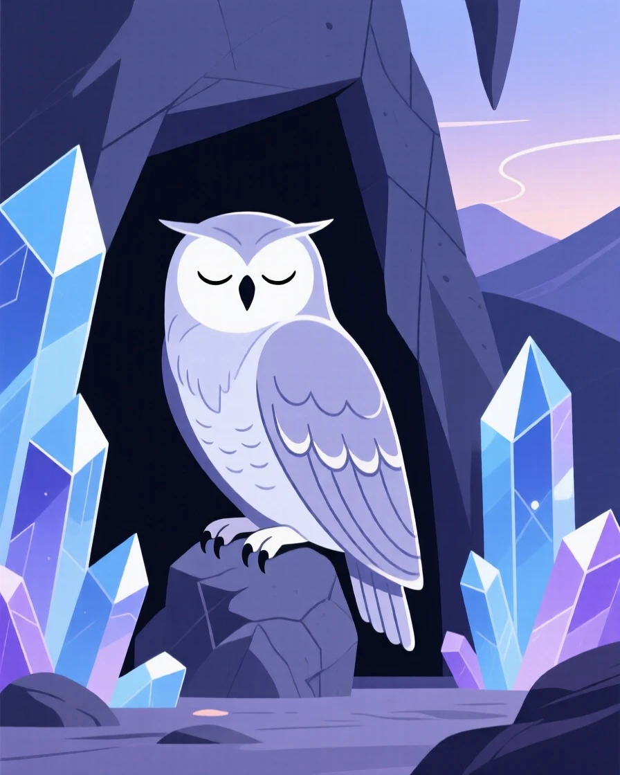 A mystical owl guardian resting quietly near a crystal cave.