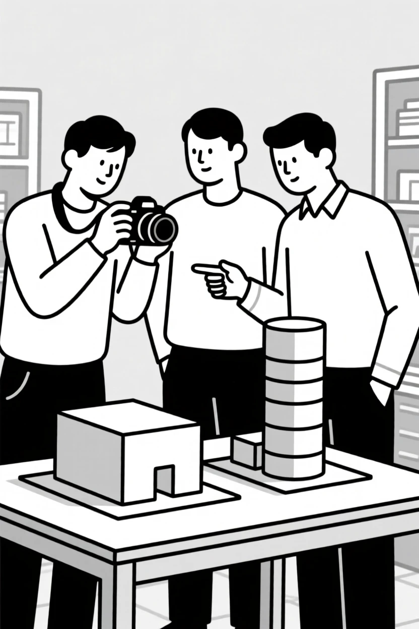 A photographer collaborating with colleagues in a research laboratory, near architectural models, full of focused determination.