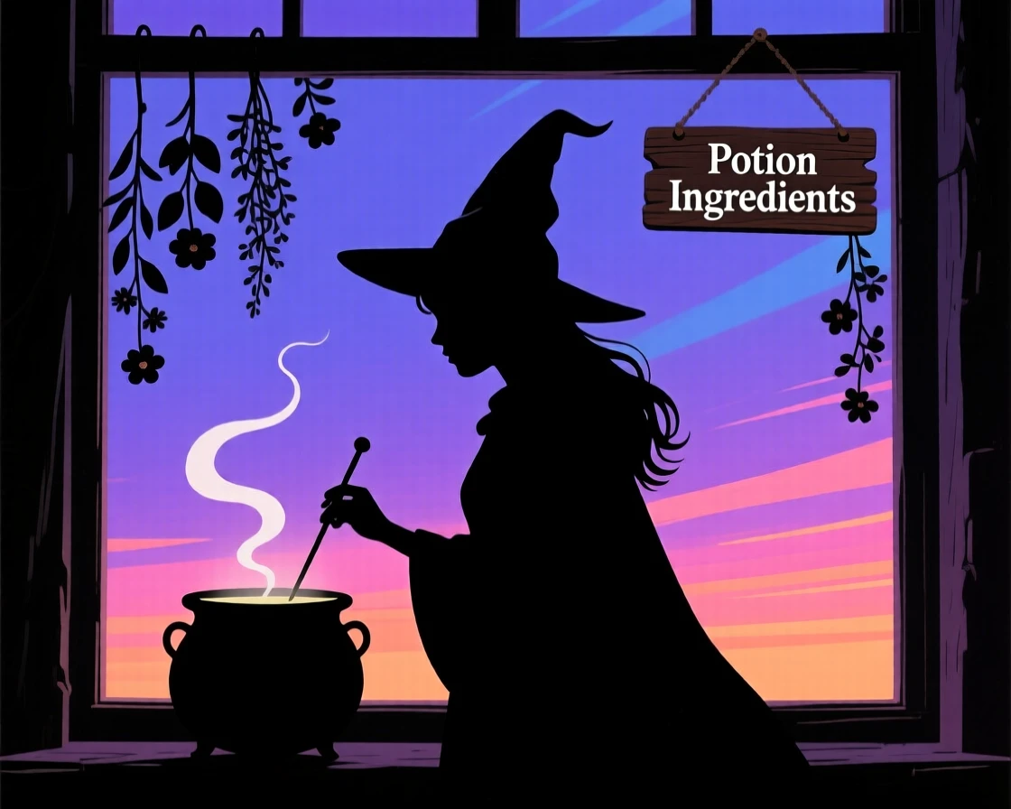 A young witch brewing a potion beside a window full of hanging herbs.