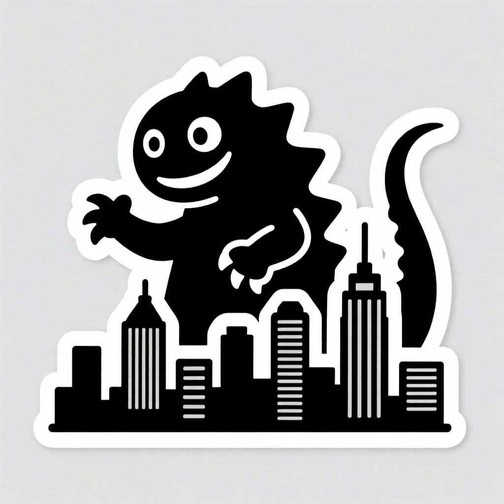 A confidently cool friendly kaiju-style monster peeking over a city skyline, caught mid-action with dramatic energy, as part of a fun original story.