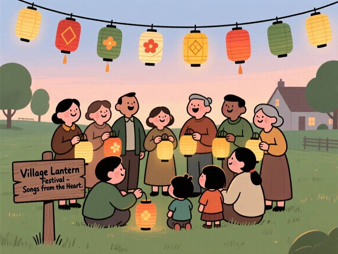A community gathers in the village green for a lantern festival, singing old songs beneath strings of paper lanterns as evening falls.