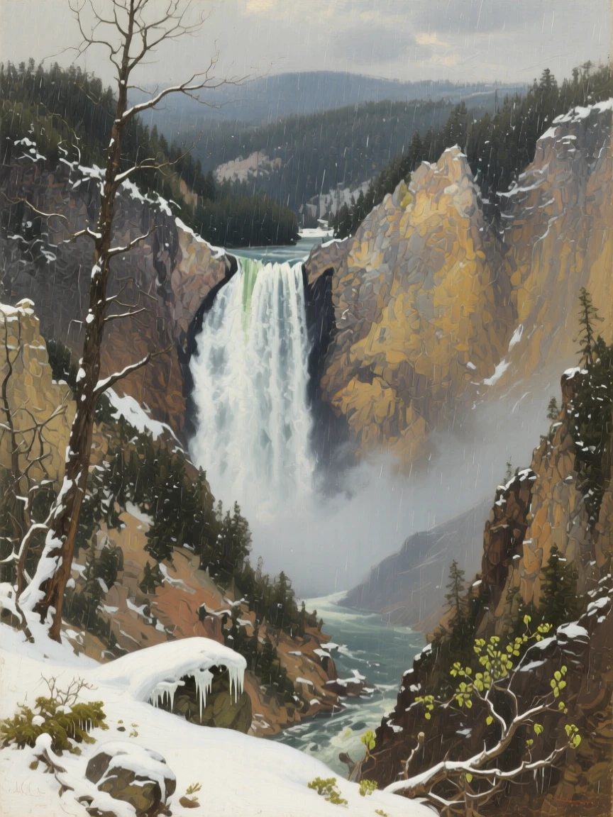 An expansive vista of a dramatic waterfall cascading into a misty gorge, in deep winter, during a gentle spring shower.