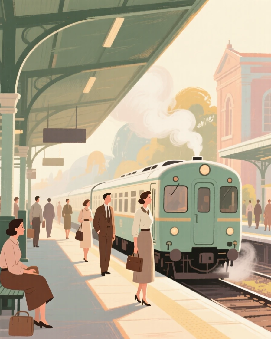 A vintage train station platform with travelers and steam swirling