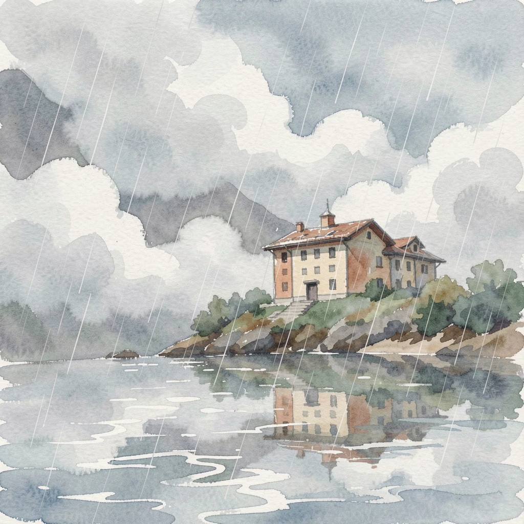 A mountaintop monastery wrapped in clouds in gentle rain with reflections shimmering in the water below.