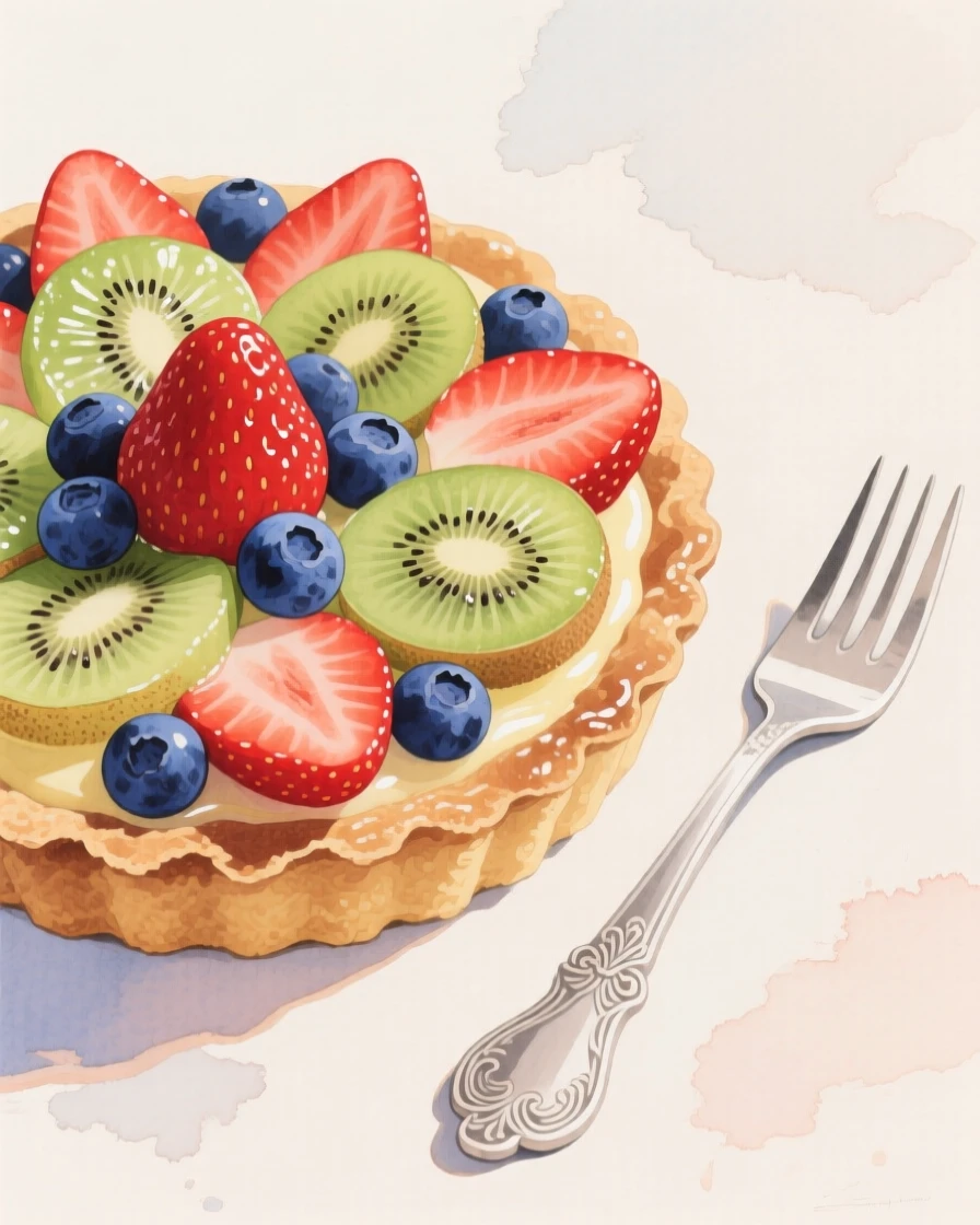 A colorful fruit tart with kiwi, strawberries, and blueberries glistens beside a delicate silver dessert fork
