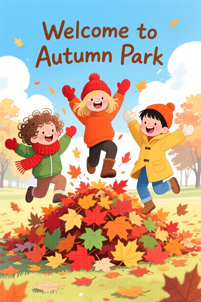 A heartwarming holiday moment: children jumping into a pile of colorful autumn leaves.