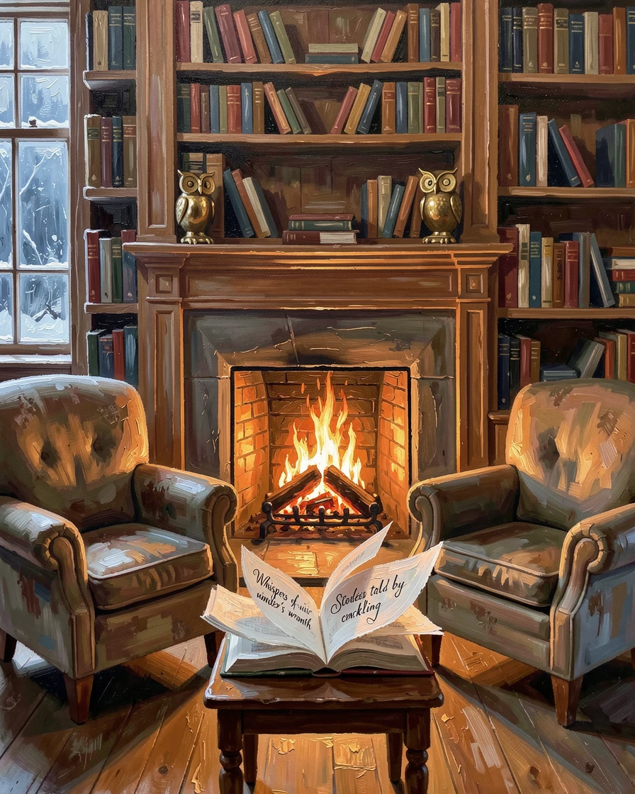 During a cozy winter evening, a crackling fireplace surrounded by well-worn armchairs, beside tall bookshelves reaching to the ceiling, pages of an open book fluttering in a gentle breeze.