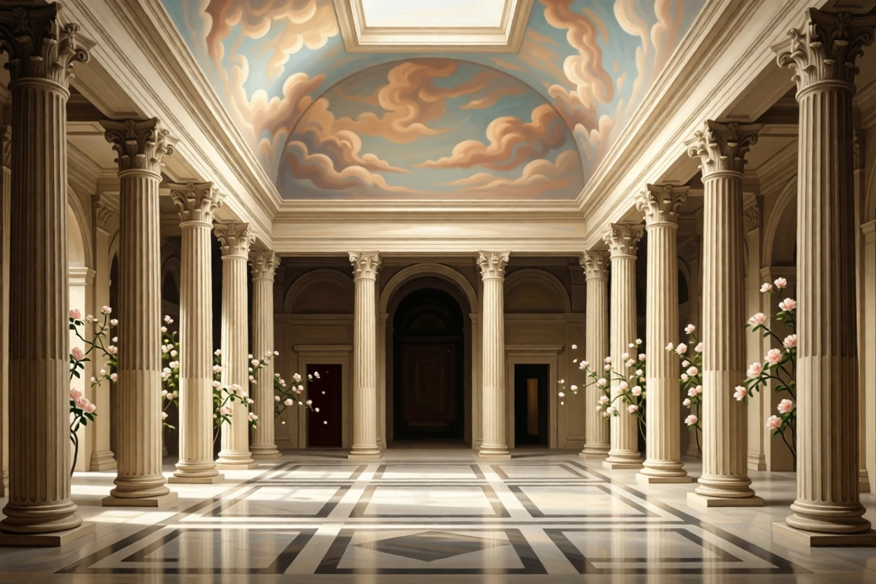A sunlit atrium framed by Corinthian columns and flowering vines resonating with the faint echo of distant footsteps, set within a palace built for generations of nobility, with towering columns rising toward a painted, cloud-filled ceiling; symmetry and repetition of arches create a sense of timeless order, capturing the serene majesty of a space built to inspire awe.