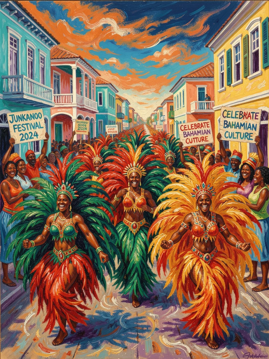 A vibrant Junkanoo parade with dancers in feathered costumes filling a Bahamian street.