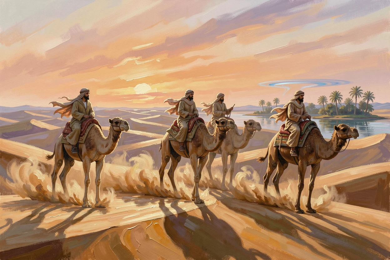 A group of adventurers rides camels across the rippling dunes of the Sahara at sunset, long shadows stretching across the golden sand, the natural elements, whether wind, water, or snow, playing an active role in the scene.
