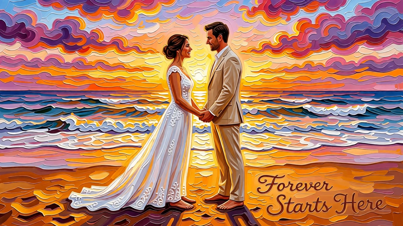 A beach wedding at sunset with bare feet in the sand and waves rolling gently behind the couple